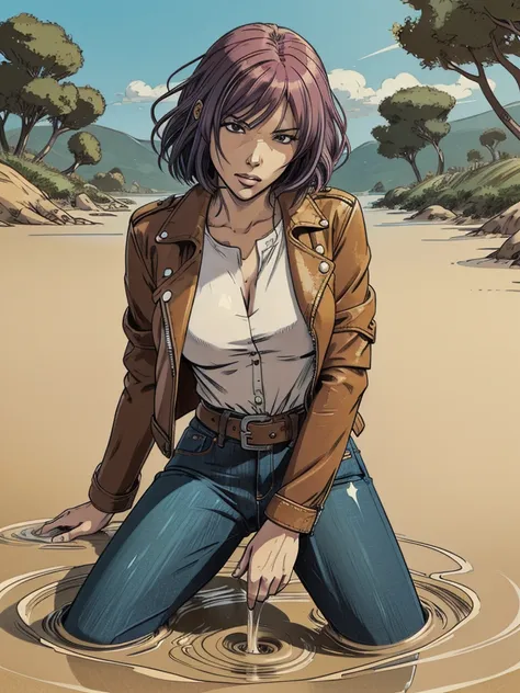 vector image, 2d cartoon,masterpiece, An anime woman,colored hair,jeans, leather biker jacket, blouse, sensually touch herself between legs, provocative pose, orgasm expression, drowning in quicksand up to waist