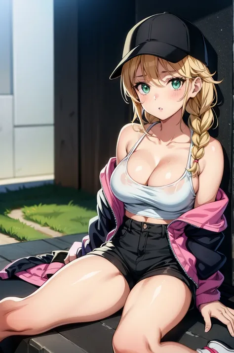 a very sexy anime girl wearing a top that shows cleavage and a baseball hat, 1girl, solo, breasts, hat, shorts, blonde hair, shoes, sitting, jacket, sneakers, large breasts, navel, cleavage, baseball cap, looking at viewer, twin braids, black headwear, gre...