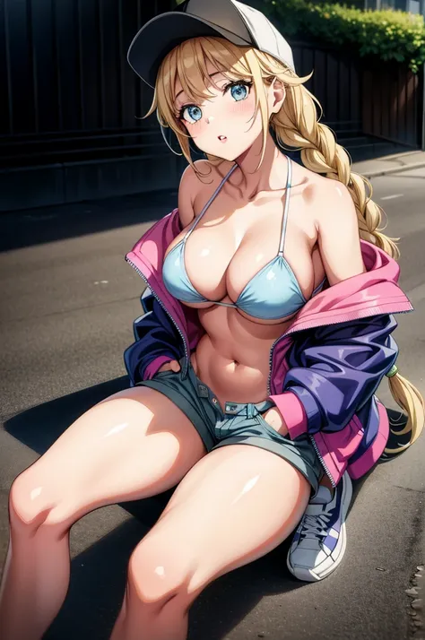 a woman in underwear sitting on ground with her legs spread and hands in her pocket, 1girl, solo, breasts, hat, blonde hair, jacket, braid, baseball cap, sitting, blue eyes, large breasts, twin braids, cleavage, shoes, off shoulder, looking at viewer, long...