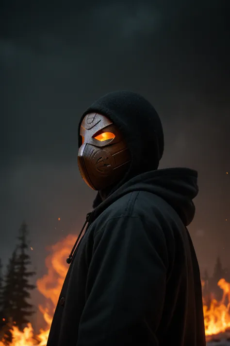 hyper realistic,staring the viewer,,eye contact,an men in overcoat with hood,elder,faceted mask,fire glowing eyes,(wooden mask),...