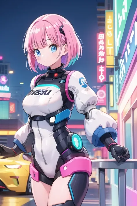 Une femme, 25 ans, mangas, cheveux longs, cheveux multicolores, beaucoup de Détails, monde futuriste, Neon lights, armure robotique