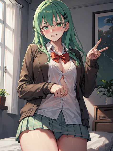 suzuya_kantaicollection, long_hair, hair_ornament, aqua_hair, hairclip, blush, breasts, smile, aqua_eyes, green_eyes, hair_between_eyes, large_breasts, green_hair, blazer, bow, bowtie, brown_jacket, cardigan, jacket, looking_at_viewer, red_bow, school_unif...