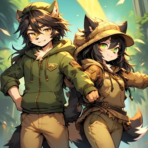 Duo, (wolf boy) (wolf girl) (10-year-old (female black wolf child), (bright green eyes), ((black fur, extremely long black hair))) (11-year-old (boy brown wolf child), (bright gold eyes), ((brown fur, short messy brown hair))) (fantasy adventure type cloth...