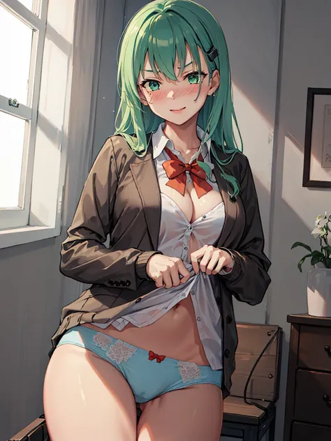 suzuya_kantaicollection, long_hair, hair_ornament, aqua_hair, hairclip, blush, breasts, smile, aqua_eyes, green_eyes, hair_between_eyes, large_breasts, green_hair, blazer, bow, bowtie, brown_jacket, cardigan, jacket, looking_at_viewer, red_bow, school_unif...