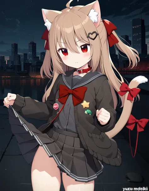 1girl, evil neuro-sama, (yuzu modoki), cowboy shot, turtle, star (symbol), black skirt, pleated skirt, red eyes, red bow, black sailor collar, black cardigan, open cardigan, dark red ribbon, hair ribbon, two side up, ahoge, heart hair ornament, long sleeve...