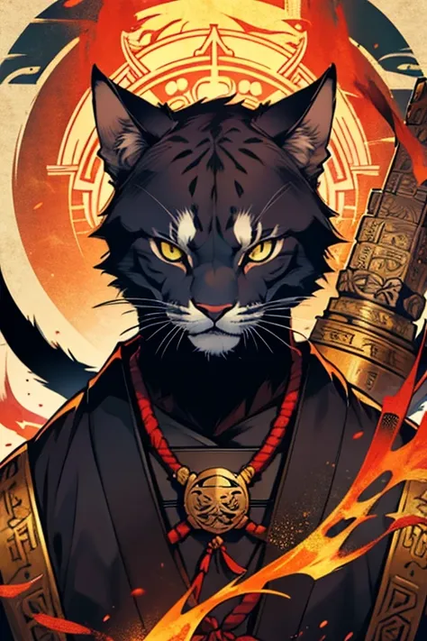 Gato samurai en templo japones