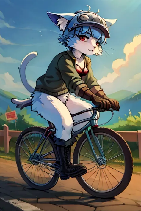 boy, cat, furry, bodyfur, bra, bottomless, gloves, boots, ride, bicycle, helmet