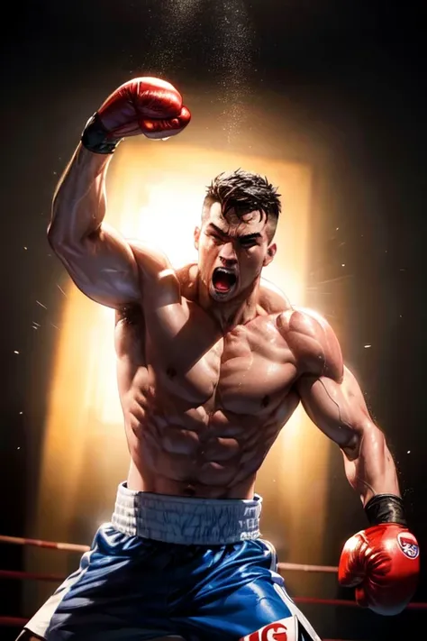 uppercut punch in boxing match, boxing match, dynamic, Amazing, Volumetric Lighting, backlighting, fantasy, (Highly detailed), (high resolution), (Best quality), (masterpiece)
