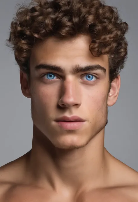 Jeune homme brun de 18 ans très musclé, freckle,curly hair and blue eyes, flechit ses muscles devant son mec