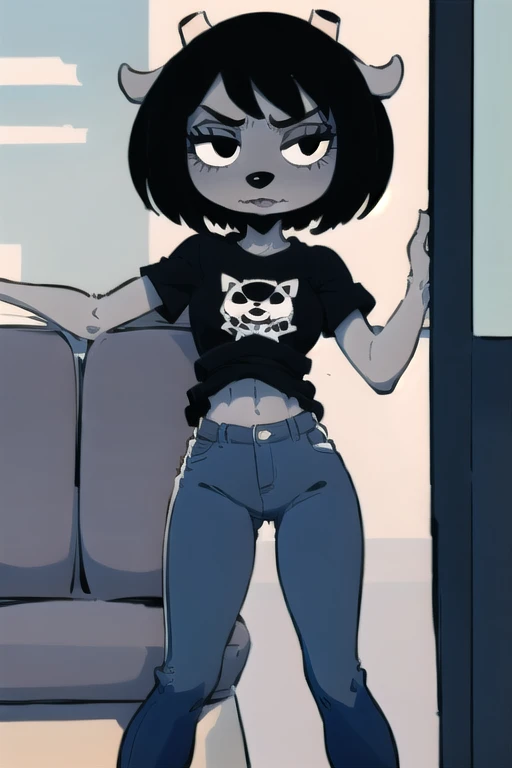  1girl, furry, black hair, short hair, horns, black eyes,  grey skin, black shirt, blue jeans, midriff, (full body:1.2),  simple background,  rammy, mad Hair lift, hair lift , lifted by another, hands, crowded subway car