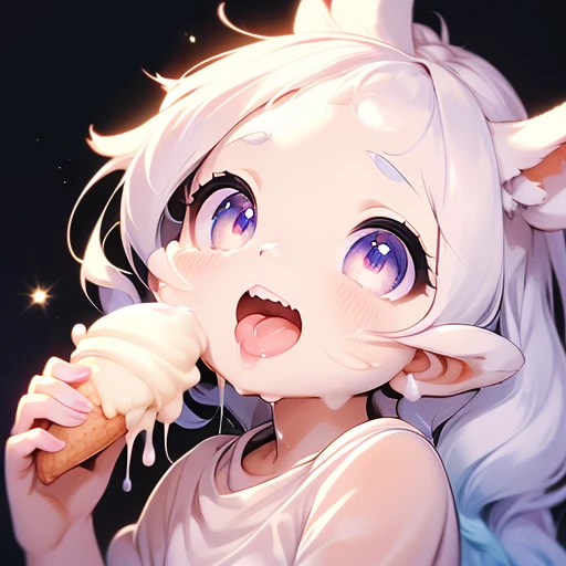 focus face , rabbit girl , round face , moist round eyes , (Double teeth:1.2) , innocent smile , glossy lips , (open mouth wide) , (show off uvula:1.2) , (dripping melted vanilla ice cream on face:1.2) , licking ice cream , grab ice cream