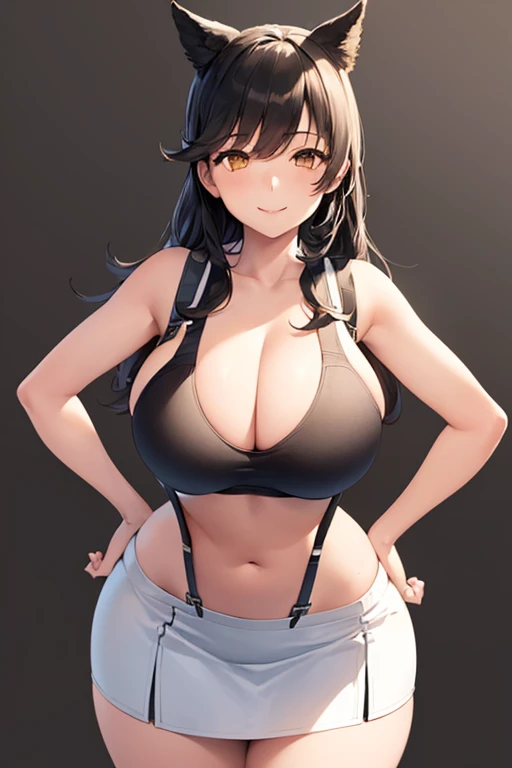 ((1girl)), perfect face, atago, black hair, long hair, brown eyes, animal ears, ((dark background)), ((facing forward)), cowboy shot, lustful smile, in the center, ((giant breasts)), ((bending over)), ((hands on hips)), perfect hands, correct number of fin...