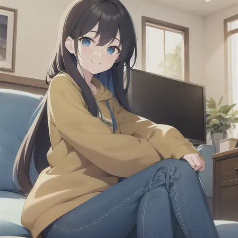 Masterpiece, A teenage girl with brown long hair, with a shy smile on his face, blue eyes, best eyes, wears a green hoodie and farmer jeans, looking at the viewer, sunny day, in the living room, sitting on the couch, watching Tv