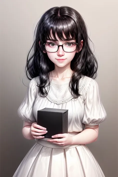 1girl,black hair,white sweeter,white skirt,glasses,slight smile