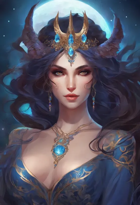 Succubus，Under the blue moonlight，Big Blue Moon，Blue hair：1.3，(​masterpiece、top-quality、top-quality、Beautifully Aesthetic:1.2)、(((Dark Halloween Mon Beauty)))、Cool pose、ighly detailed、colourfull、highestdetailed, Anatomically correct, nffsw, high details, T...