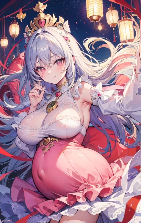 masterpiece, best quality,Super detailed,
Anime cute art style,Super detailed face,
Perfect anatomical structure,Full fingers,
whole body,Pillow Lantern,
1 hot girl,
#11: Messy Curly Charming Silver Long Hair,
Half open eyes，The pupils are heart-shaped,
Hu...