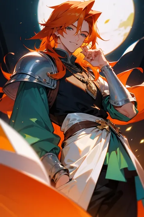 Put your hand in your pocket, The hair stands up, Final Fantasy, King ,young men, orange hair, Emerald eyes, Fantasy, handsome ,Talk a lot, Middle Ages, Shot hair ,smile, Armor, Chad,daddy