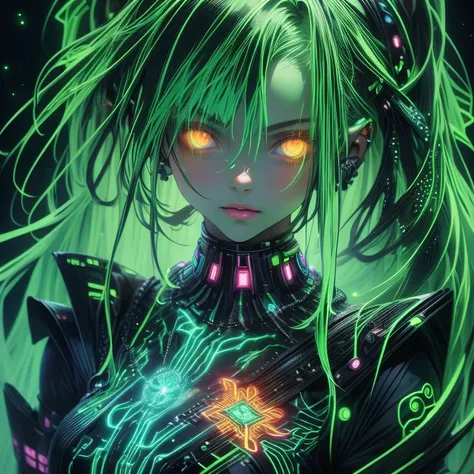 anime girl,green light hair,beautiful,neofuturistic,highly detailed,glow in dark,neon glow,sci-fi,best quality,ultra-detailed,realistic,photorealistic,medium:oil painting,sharp focus,vivid colors,black light painting by Symeon Nostrakis