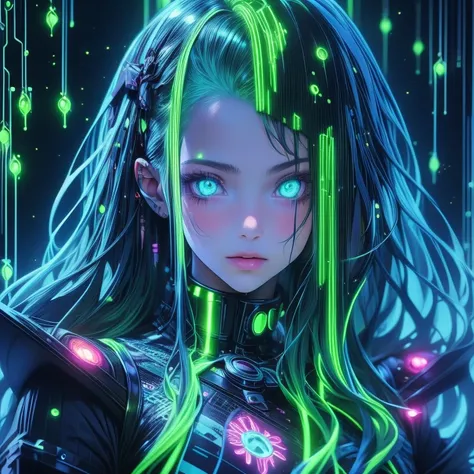 anime girl,green light hair,beautiful,neofuturistic,highly detailed,glow in dark,neon glow,sci-fi,best quality,ultra-detailed,realistic,photorealistic,medium:oil painting,sharp focus,vivid colors,black light painting by Symeon Nostrakis