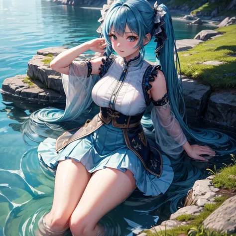 landscape,water,(Highly detailed CG Unity 8k wallpaper), The most beautiful works of art in the world,Professional majestic oil painting,Complex, Attention to detail, Sharp focus, dramatic, Photorealistic pictorial art,Playing in the river,Girl with blue h...