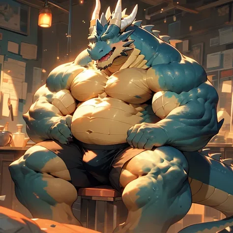 A blue muscular dragon sitting in front of a dresser, flexing his muscles and showing off his bulge and his big guts and his enormous chest, big fat huge enormous pecs, pecs are giant, pecs are enormous, wearing only black underwear. The dragon is sweating...