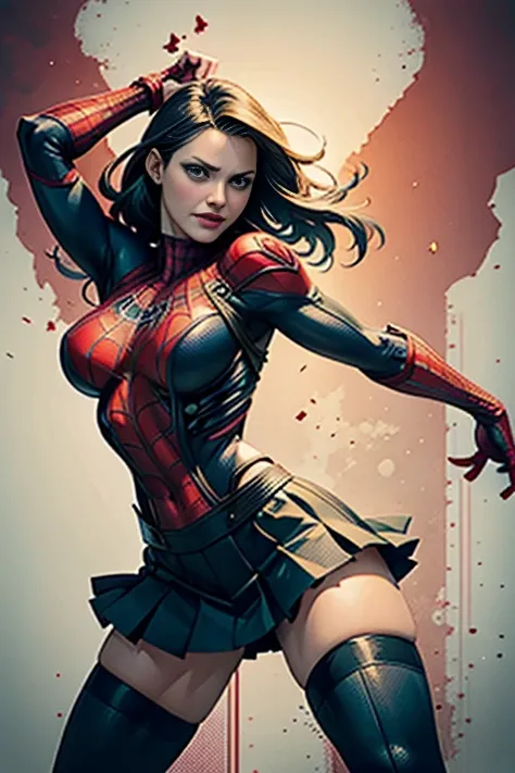 Cameron Diaz、stick out the navel、new york、彼女は破れたSpidermanのスーツを着ている,Wearing a skirt、 Red and black color scheme,dynamic、masterpiece、highest quality、Ultra-detailed、Very detailed、Beautiful sparkle in the details、超A high resolution、Spiderman、Marvel