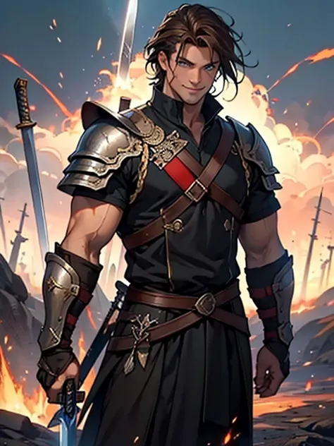 ​masterpiece,top-quality,realisitic,In flames,The Man Standing at the Center of the Thirteen Swords,Big muscular man,Middle Age,Brown hair,Short legend,Blue eyes,Sharp eyes,Western armor,a sword stuck in the ground,Smiled look,Flying sparks,A sword stuck i...