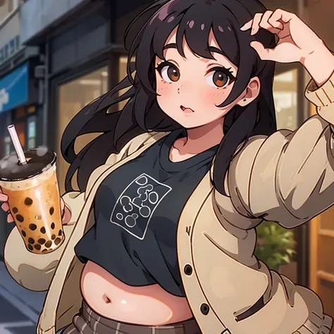 Chubby girl, pudgy belly, holding boba tea, wearing a beige cardigan over a black crop top, brown plaid skirt, chubby muffin top, street background, looking at viewer