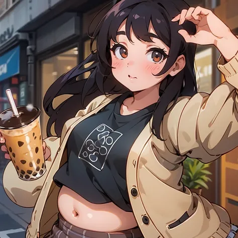 chubby girl, pudgy belly, holding boba tea, wearing a beige cardigan over a black crop top, brown plaid skirt, chubby muffin top...