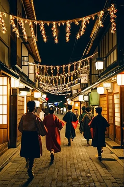 Edo period Japan, town at night, townspeople coming and going, townspeople dressed in period costumes, Christmas lights shining, light colors throughout,