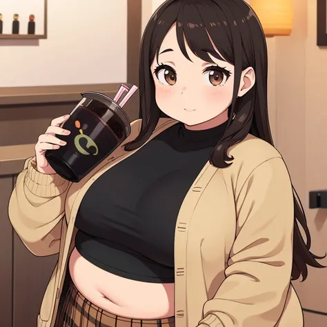 Chubby girl, round belly, holding boba tea, wearing a beige cardigan over a black crop top, brown plaid skirt, chubby muffin top, looking at viewer