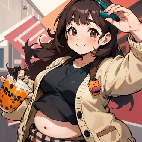 Chubby girl, round belly, holding boba tea, wearing a beige cardigan over a black crop top, brown plaid skirt, chubby muffin top, street background, smiling, looking at viewer