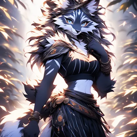 ( Absurdly , High quality , ultra detailed ) ,( hand detailed ) , 1girl, solo, mature, Solo, sfw, Young Female white fox-cat (((lean-body))) (((medium breasts))) (short snout),(((fur (black stripe) between neck and shoulder towards chest))) ((fur (black st...