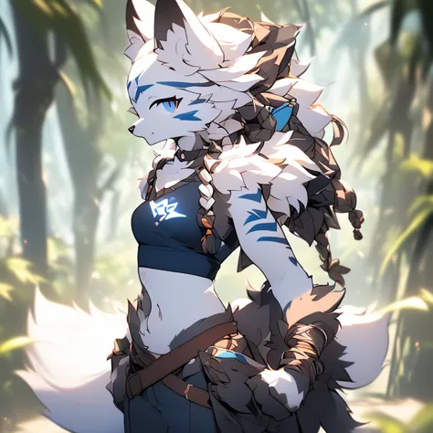 Solo, sfw, Young Female white fox-cat (((lean-body))) (((medium breasts))) (short snout),(((fur (black stripe) between neck and shoulder towards chest))) ((fur (black stripes) on waist))(ears are darker), (heterochromia (orange, violet)), (cat tail (black ...