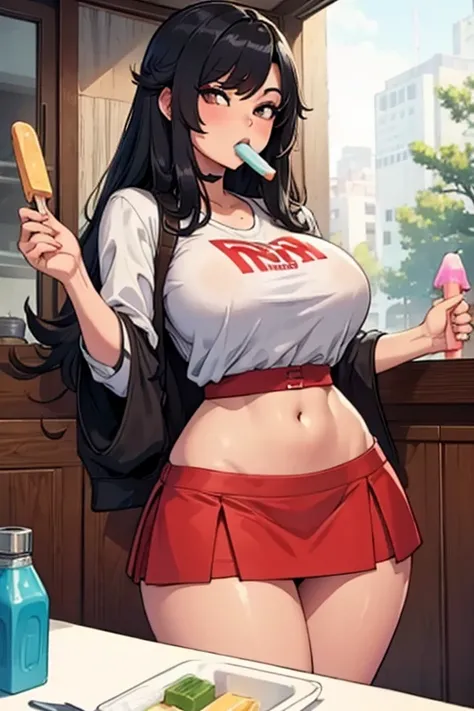 a hot asian girl with big  wearing a tiny skirt eating a popsicle