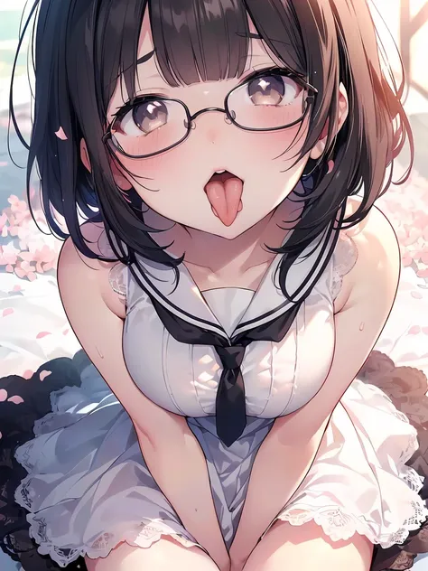 Very detailed, highest quality, High resolution, Moe Anime, ((Cute girl with black hair and droopy eyes)), ((Wearing large round glasses)), (Baby Face), Cute eyes, Detailed eye depiction, Sparkle in the eyes, View your viewers, Pale skin, (Big eyes:1.4, Dr...