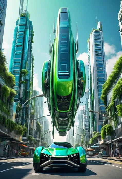 ((retrato surrealista de uma cidade futurista)), ((carro voador gigante)), ((futuristic city)), ((Floating skyscrapers)), ((carros voadores)), ((robots)), ((cores verde, azul e cinza vibrantes)), ((melhor qualidade)), (detalhado).