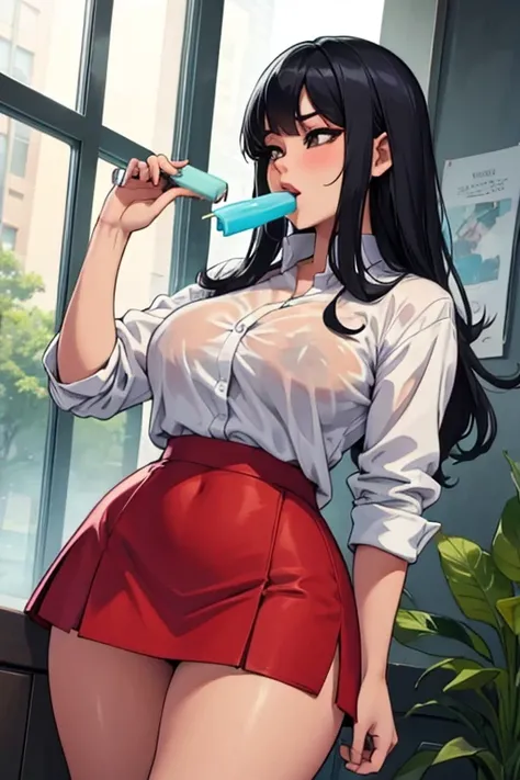 a hot asian girl with big  and wide hips wearing a tiny skirt and a wet white shirt eating a popsicle