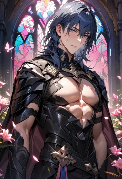 absurdres, highres, ultra detailed, HDR, master piece, best quality, Byleth, dark blue hair, expressive blue eyes, Fire Emblem Three Houses, solo, sexy man, handsome, black cape, black armor, black gloves, patterns, toned chest, glass stained window, pink ...