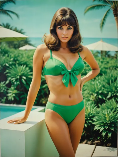 best quality, 8K, RAW photo, photorealistic, absolutely resolution, ultra detailed, extremely intricate, perfect color balance image, arafed woman in green bikini and panties posing for a picture, vintage 60s print, vintage 60s photo, 60s photo poster, 60s...