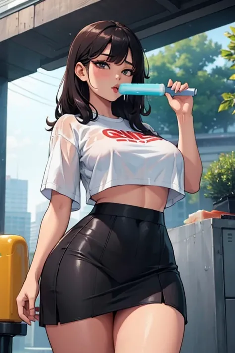 a hot asian girl with big  and wide hips wearing a tiny skirt and a wet white shirt no bra eating a popsicle