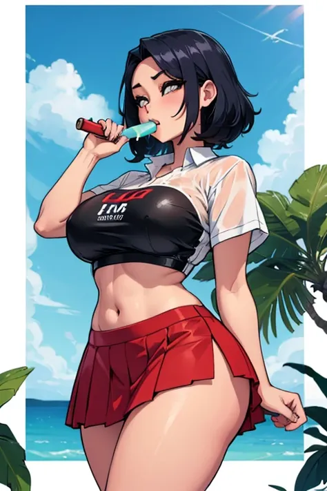 a hot asian girl with big  and wide hips wearing a tiny skirt and a wet white shirt no bra eating a popsicle