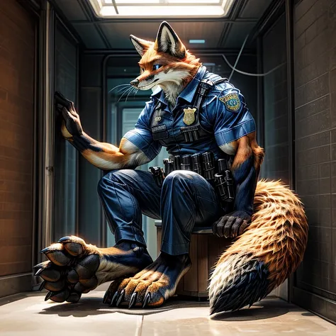 ((Furry Red Fox, blue eyes, brown forearm,whiskers, black stripe on muzzle)), ((anthro muscle red fox)) wearing a((police uniform)), (((big feet)))