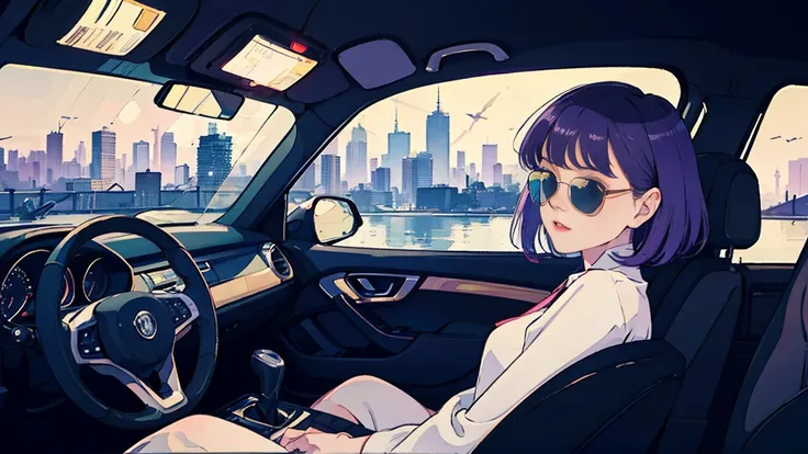 car、inside the car、driving seat、beautiful asian girl with purple hair, view of the city from the window, perfect face, sunglasse...