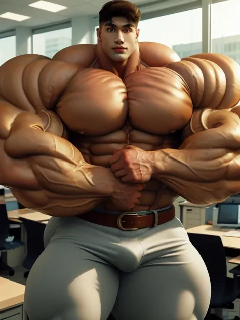 1boy, giant, model shoot style, looking at viewer, standing, illuminating light, golden hour, outdoor, strong body, bulk, swollen, buff body, large size, wide pecs, huge arms, vascular, posing, in the office room, belt, majestic underpants, prominent bulge...