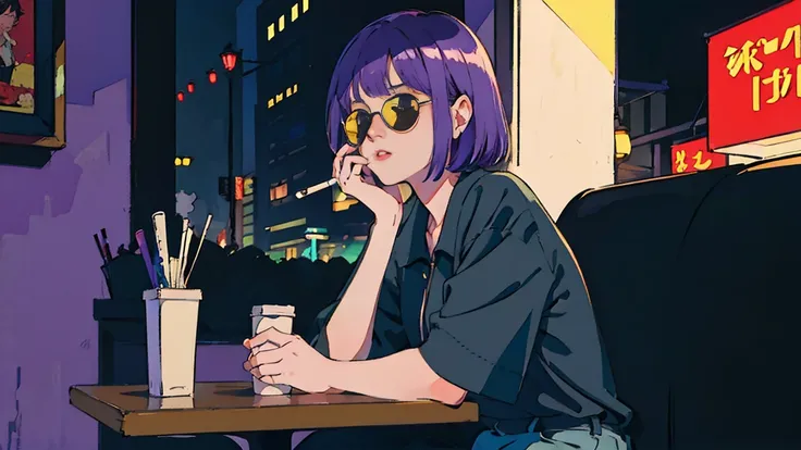 Beautiful Asian girl with purple hair sitting in a restaurant at night, Visible from the window, Perfect Face, sunglasses, Smoking white Taylormade cigarettes, Neon Black, (Backlight: 1.1), Hard Shadows, masterpiece, highest quality, Complex, Model shootin...