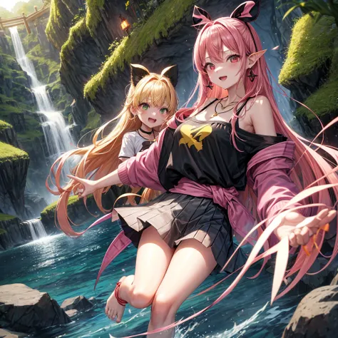 Pink golden hair、Red eyes、One good looking girl、solo、anime、Checkered mini skirt、Black camisole、Black T-shirt、hoodie、Wearing a ribbon、Ribbon on waist、Crystal Earrings、Gemstone Necklace、Light and shadow、Tilting face、Teeth are visible、waterfall、Torrent、tunnel...