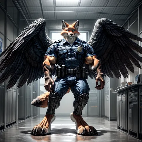 (((anthro muscle red fox, blue eyes, brown forearm, whiskers, black stripe on muzzle, digitigrate))), ((blue feathered wings)), in a (police station). (((human legs))), ((big paws)), (shocked expression), ((gign uniform)), broad shoulders, big biceps, big ...