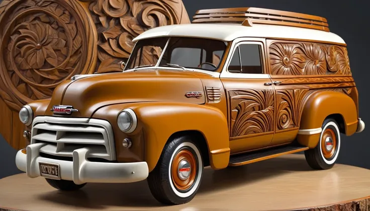 (masterpiece, best quality:1.2), 3D，relief, Woodcarving Handicrafts，Artistic ornament,1952 GMC Suburban , Painted in earthy tones，color，With subtle patterns and textures, This is a high resolution image，Complex details，