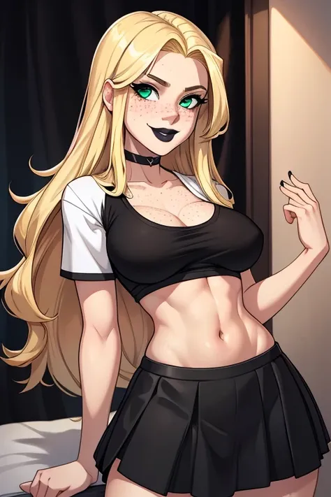 18 year old white woman wearing a t shirt and a skirt to a night party greeting you , long wild blonde hair , black lips , wearing black eye liner, green eyes , perfect shaped ass,  medium perky tits,  fit body with a 6 pack , freckles , curious smile